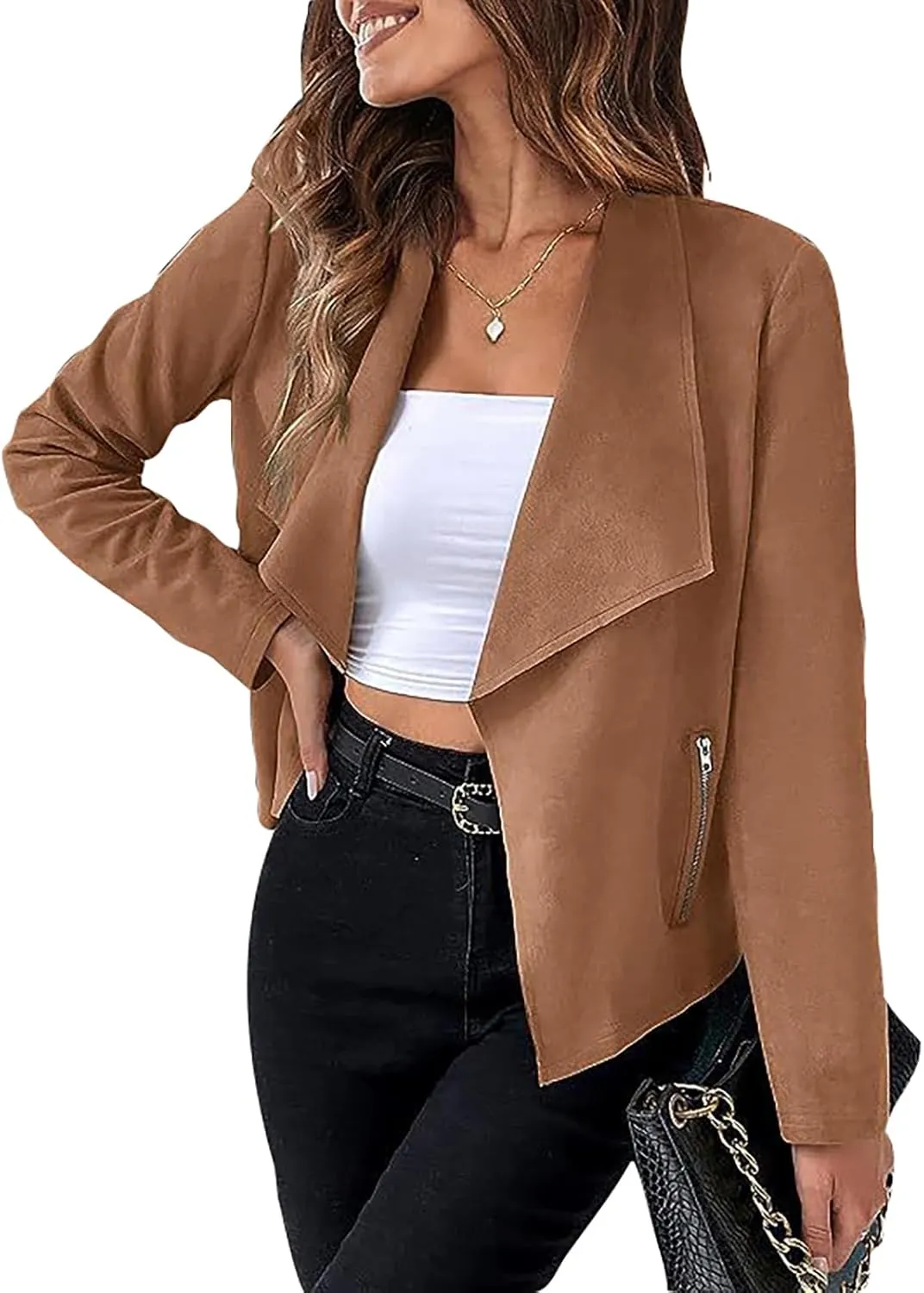 Women's Faux Suede Jacket 2024 Fall Long Sleeve Zipper Lapel Cropped Coat with Pockets Y2K Moto Jackets Outwear