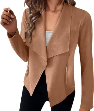 Women's Faux Suede Jacket 2024 Fall Long Sleeve Zipper Lapel Cropped Coat with Pockets Y2K Moto Jackets Outwear