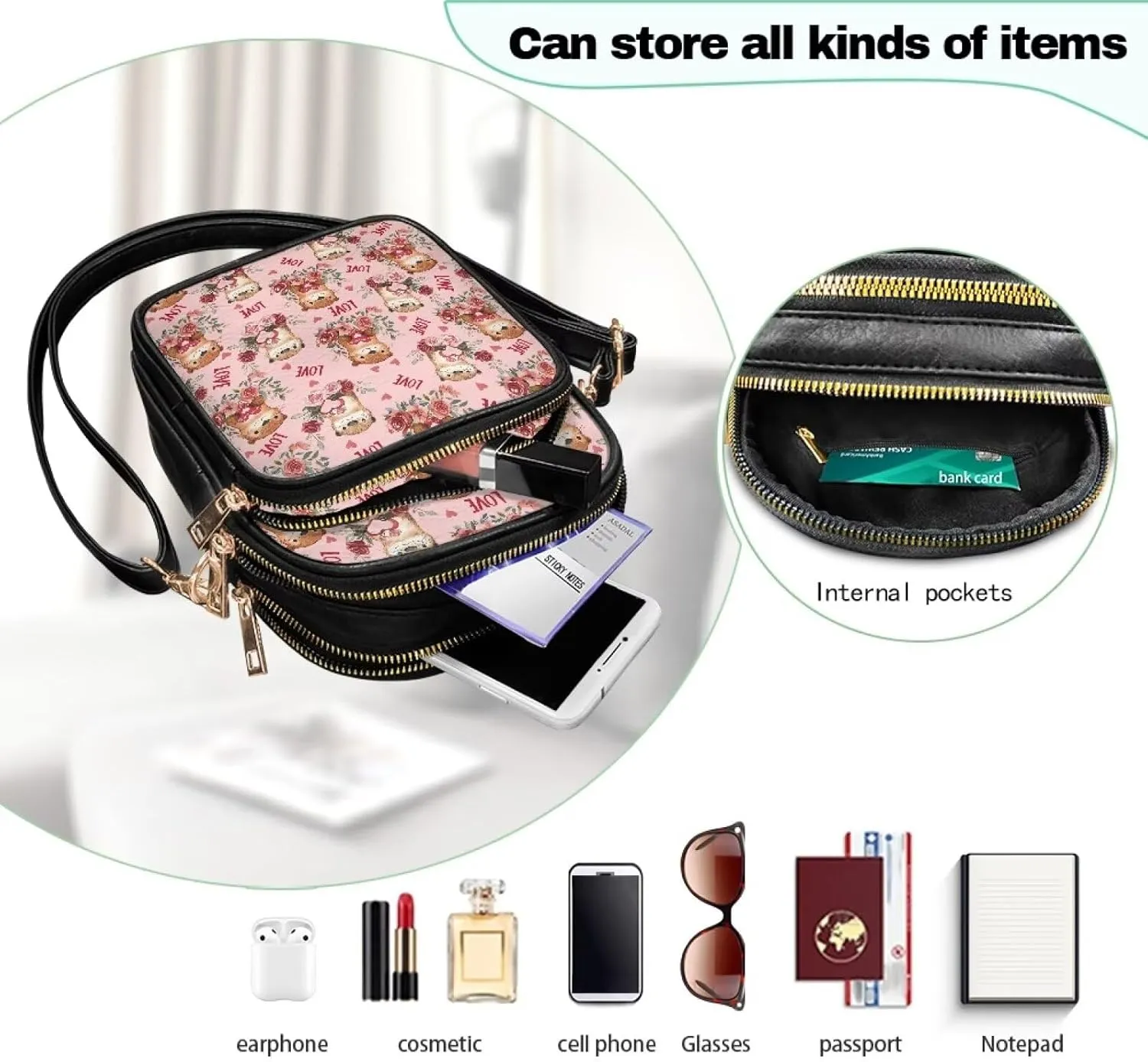 Womens Multi Pocket Leather Crossbody Bag Sling Bag Messenger Handbags Shoulder Bags with Adjust Strap