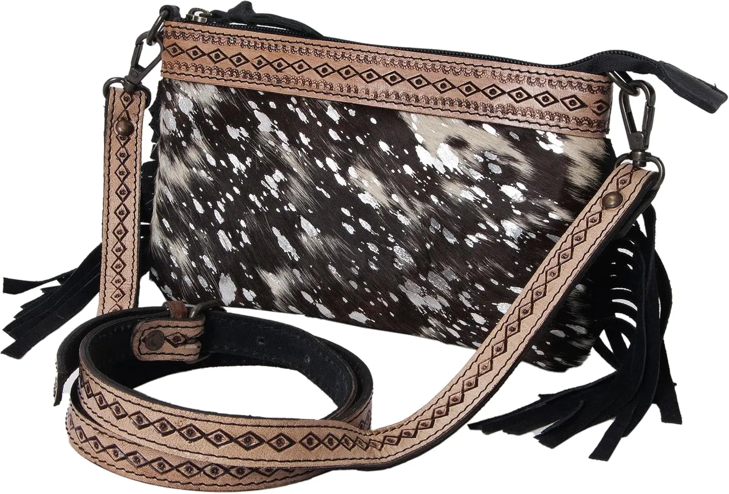 Women's Natural Cowhide Leather Jaguar Printed Small Crossbody Bag Handtooled Leather Strap with Multipocket