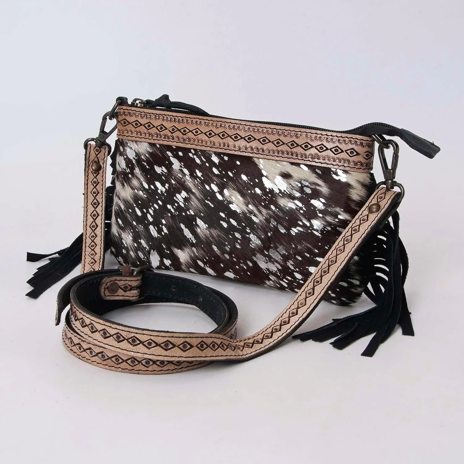 Women's Natural Cowhide Leather Jaguar Printed Small Crossbody Bag Handtooled Leather Strap with Multipocket