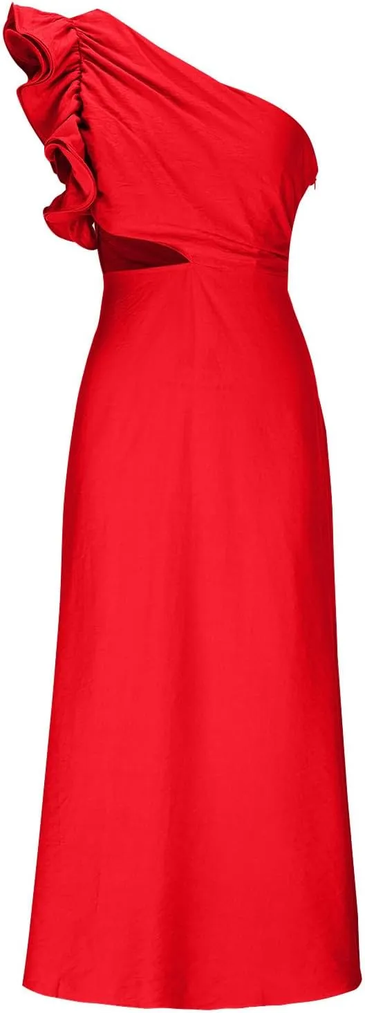 Women's One Shoulder Sleeveless Cutout Bodycon Maxi Long Dress Sexy Ruffle Elegant Cocktail Gown Evening Dresses