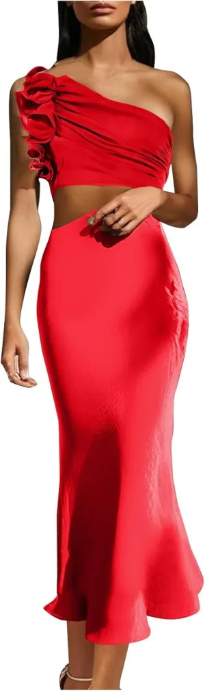 Women's One Shoulder Sleeveless Cutout Bodycon Maxi Long Dress Sexy Ruffle Elegant Cocktail Gown Evening Dresses