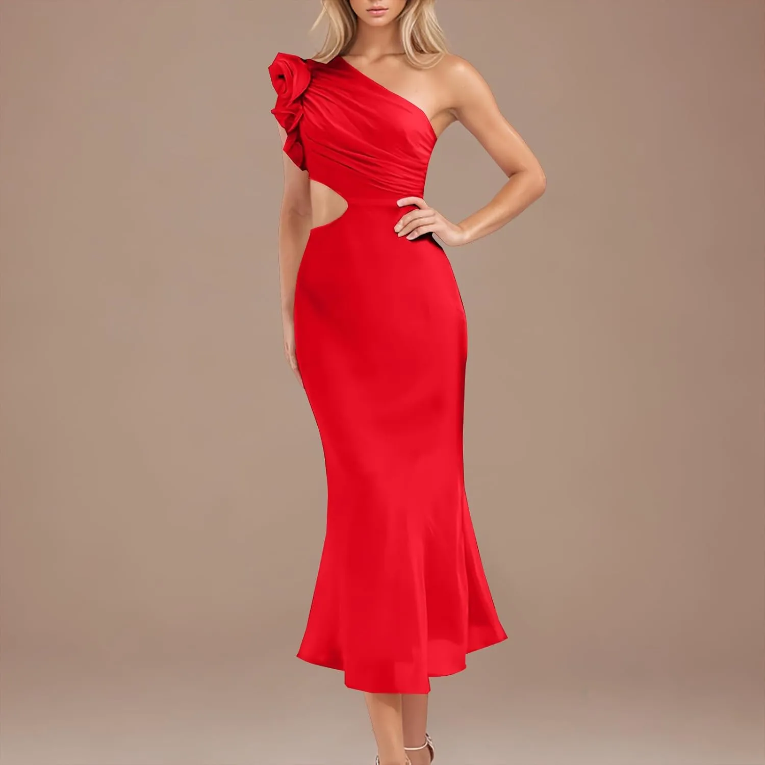 Women's One Shoulder Sleeveless Cutout Bodycon Maxi Long Dress Sexy Ruffle Elegant Cocktail Gown Evening Dresses