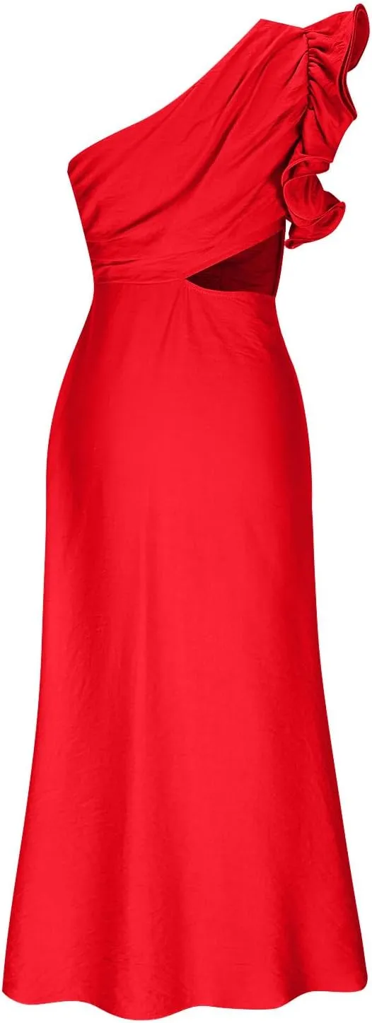 Women's One Shoulder Sleeveless Cutout Bodycon Maxi Long Dress Sexy Ruffle Elegant Cocktail Gown Evening Dresses