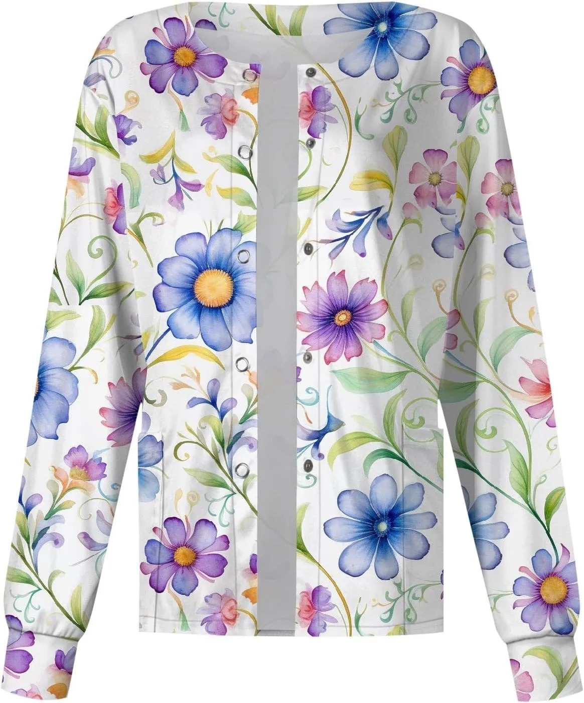 Women'S Scrub Jacket Tops Long Sleeve Floral Printed Stand-Up Collar Button Front Working Nurse Uniforms With Pockets