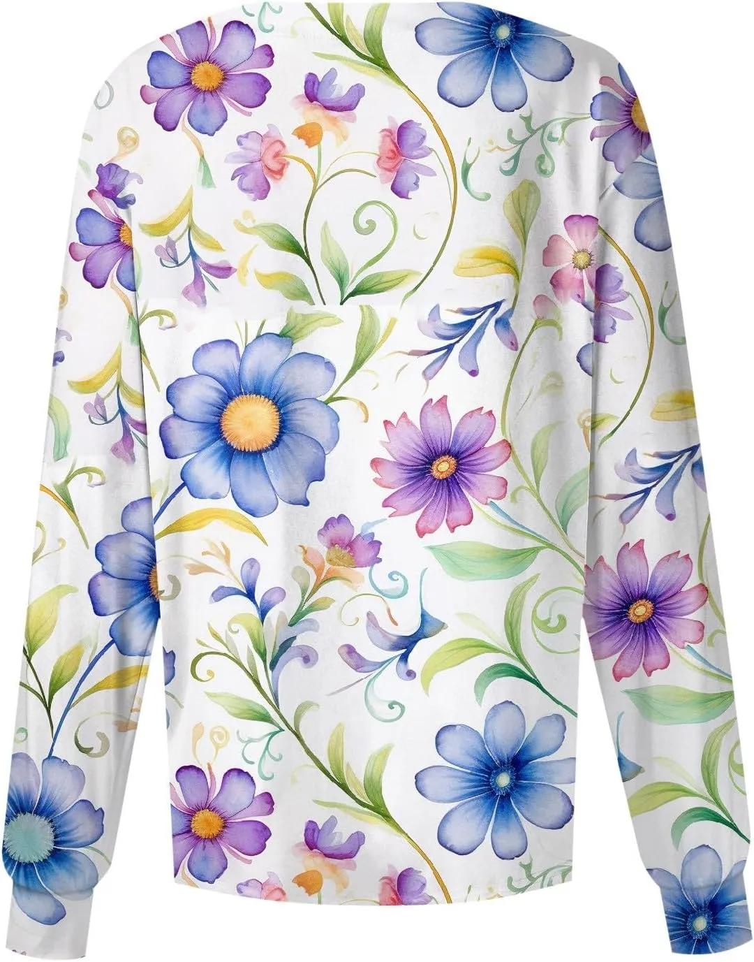 Women'S Scrub Jacket Tops Long Sleeve Floral Printed Stand-Up Collar Button Front Working Nurse Uniforms With Pockets