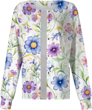 Women'S Scrub Jacket Tops Long Sleeve Floral Printed Stand-Up Collar Button Front Working Nurse Uniforms With Pockets