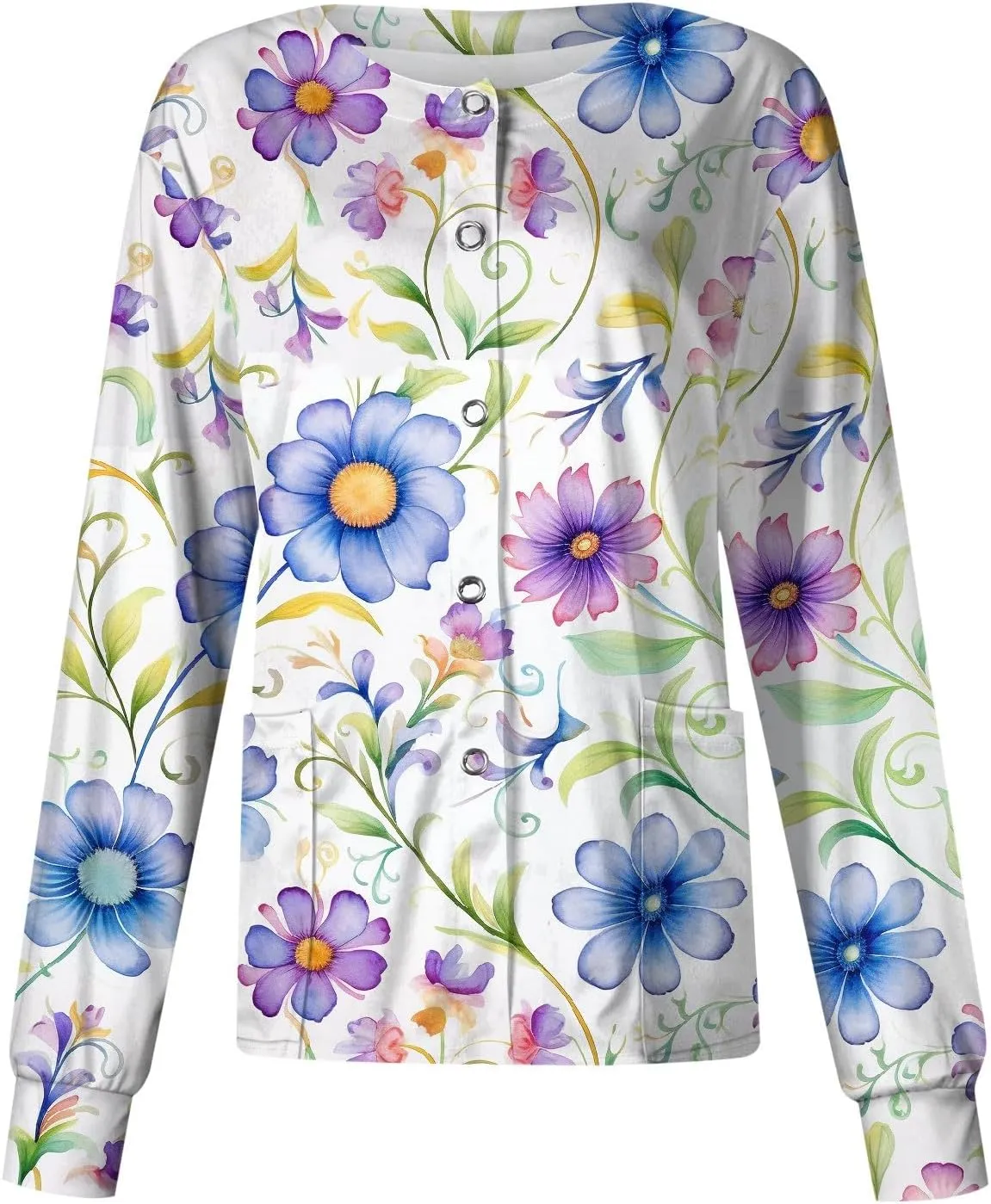Women'S Scrub Jacket Tops Long Sleeve Floral Printed Stand-Up Collar Button Front Working Nurse Uniforms With Pockets