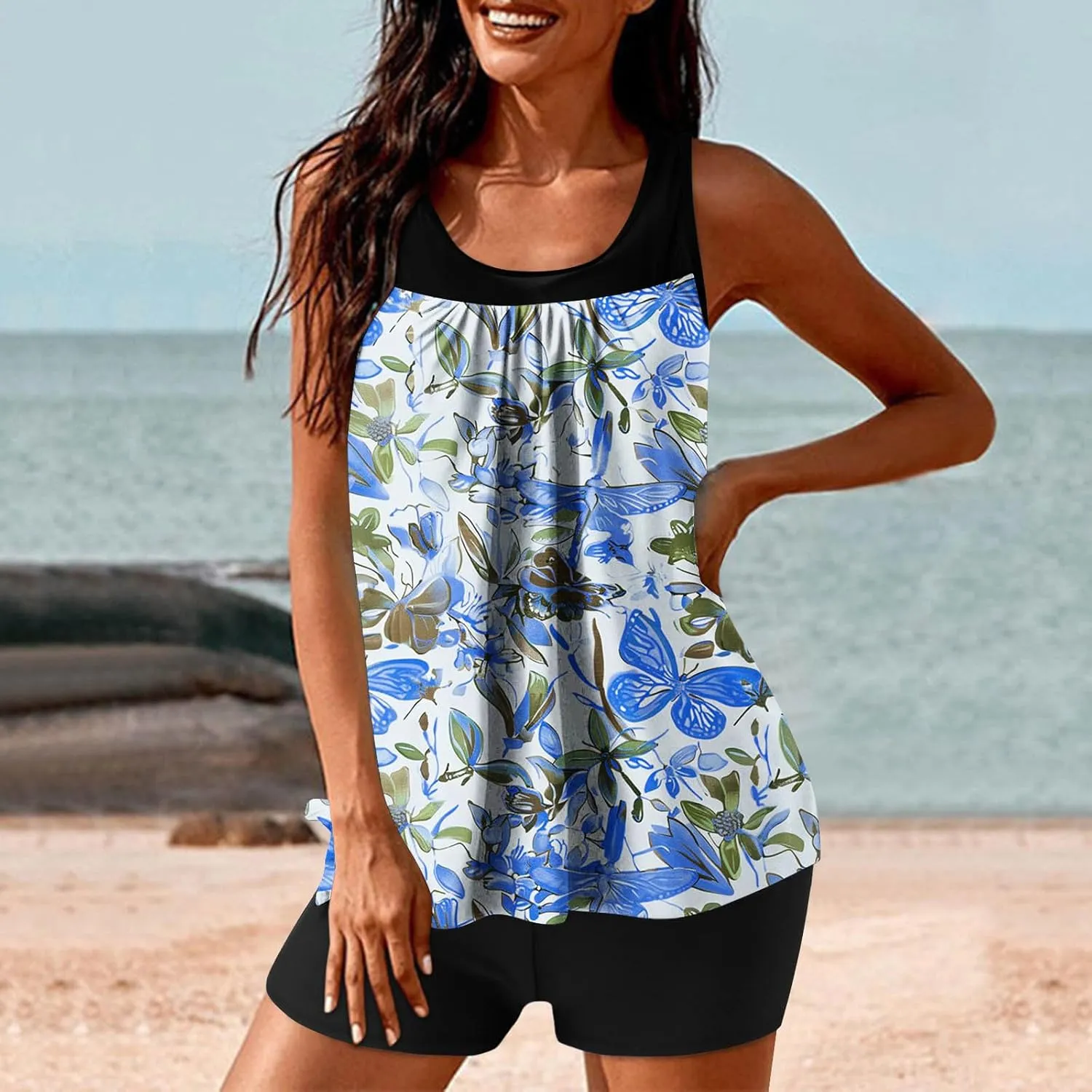 Womens Tankini Swimsuits 2025 Sports Tummy Control Printed Bathing Suits Two Piece Swimwear Tank Top with Shorts 2025