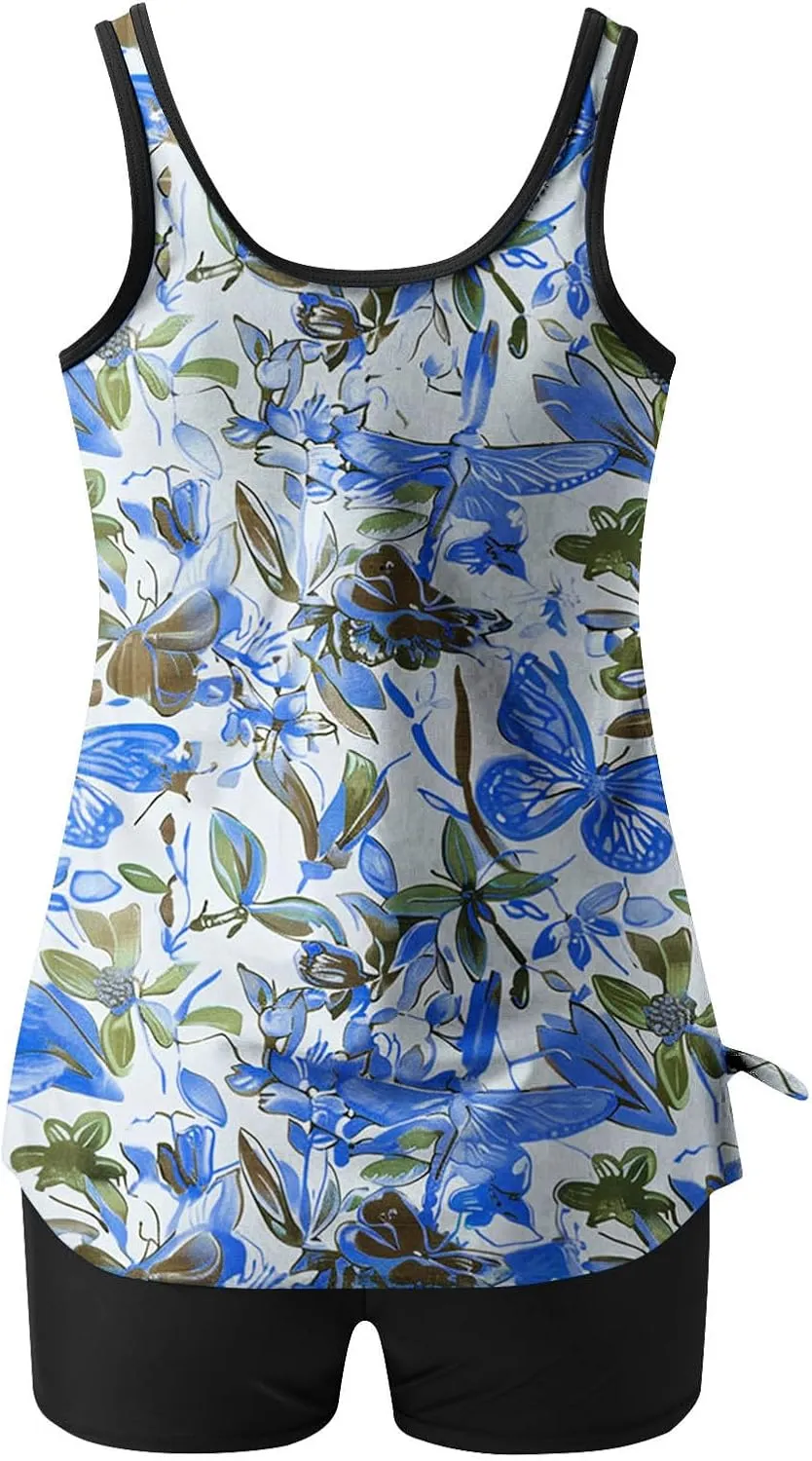 Womens Tankini Swimsuits 2025 Sports Tummy Control Printed Bathing Suits Two Piece Swimwear Tank Top with Shorts 2025