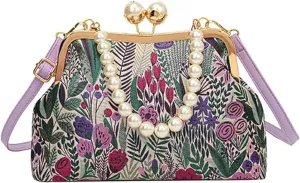 Women’s Vintage Embroidered Flower Crossbody Bag, Antique Kiss-Lock Closure & Adjustable Pearl Chain Strap