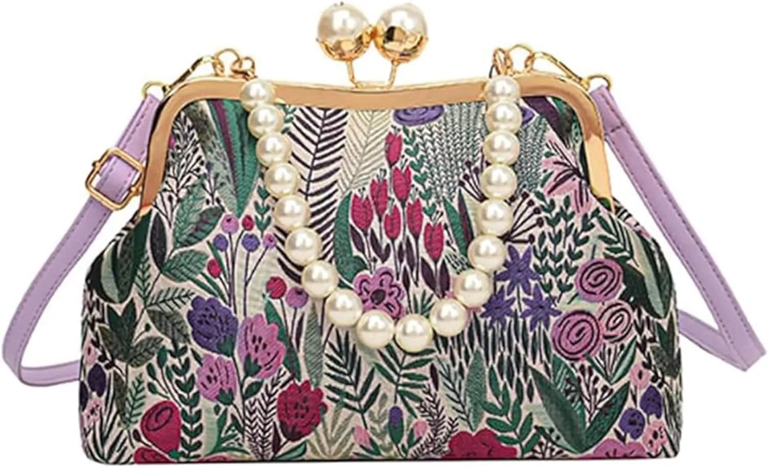 Women’s Vintage Embroidered Flower Crossbody Bag, Antique Kiss-Lock Closure & Adjustable Pearl Chain Strap