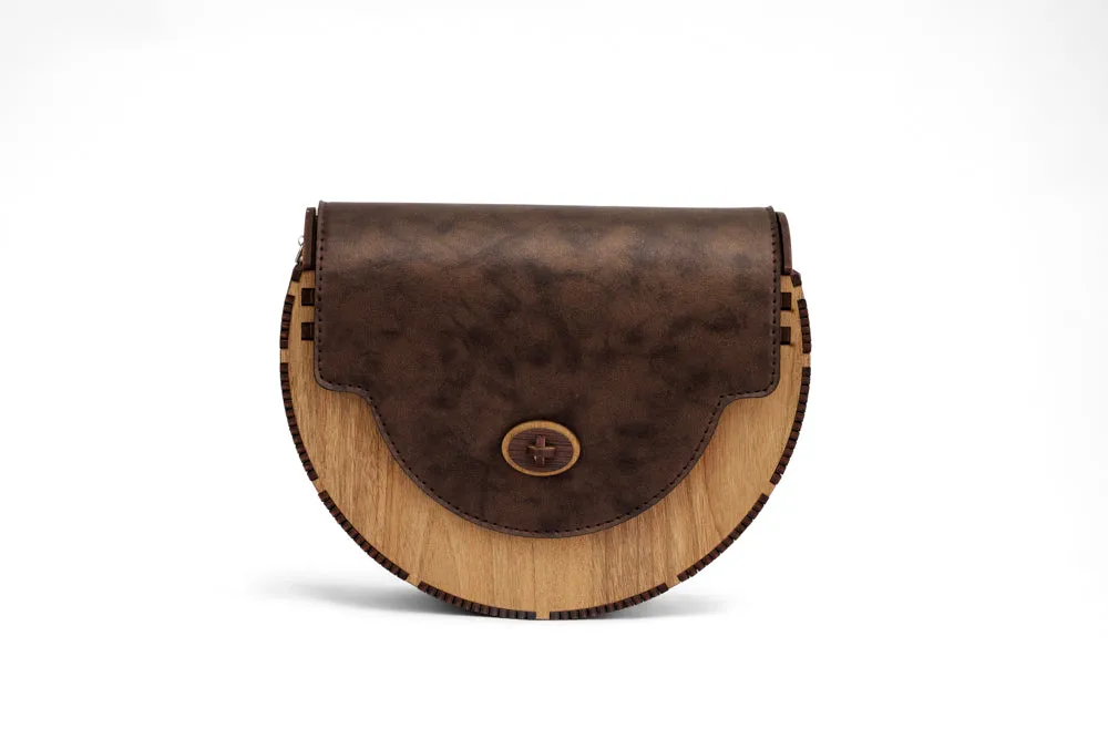 Wooden Bag - Half Round - Dark Brown Leather Flap