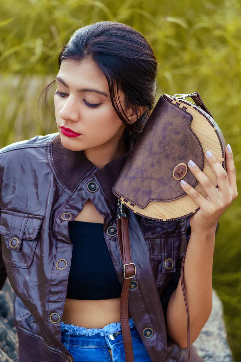 Wooden Bag - Half Round - Dark Brown Leather Flap
