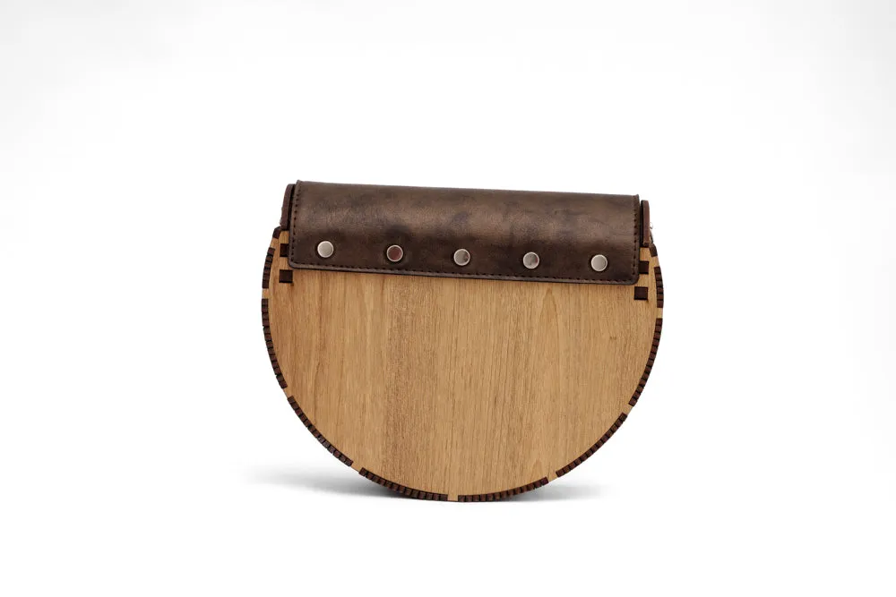 Wooden Bag - Half Round - Dark Brown Leather Flap
