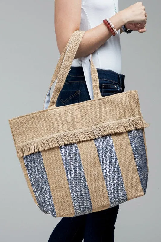 Woven Jute Stripe Metallic Shoulder Bag