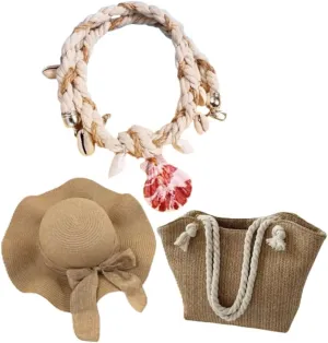 Woven shoulder bag, rope strap, includes straw hat with bow and long rope necklace with natural seashells.