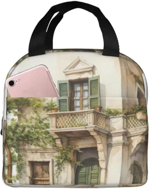 WURTON Antique Building With Roman Olive Branch And Greek Print Portable Insulated Lunch Bag Cloth Tote Bag,Work,Office, Beach Travel,Lightweight