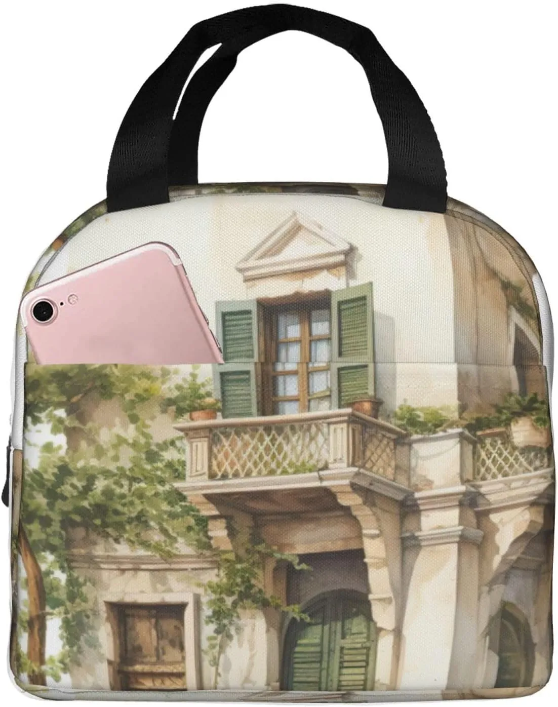 WURTON Antique Building With Roman Olive Branch And Greek Print Portable Insulated Lunch Bag Cloth Tote Bag,Work,Office, Beach Travel,Lightweight