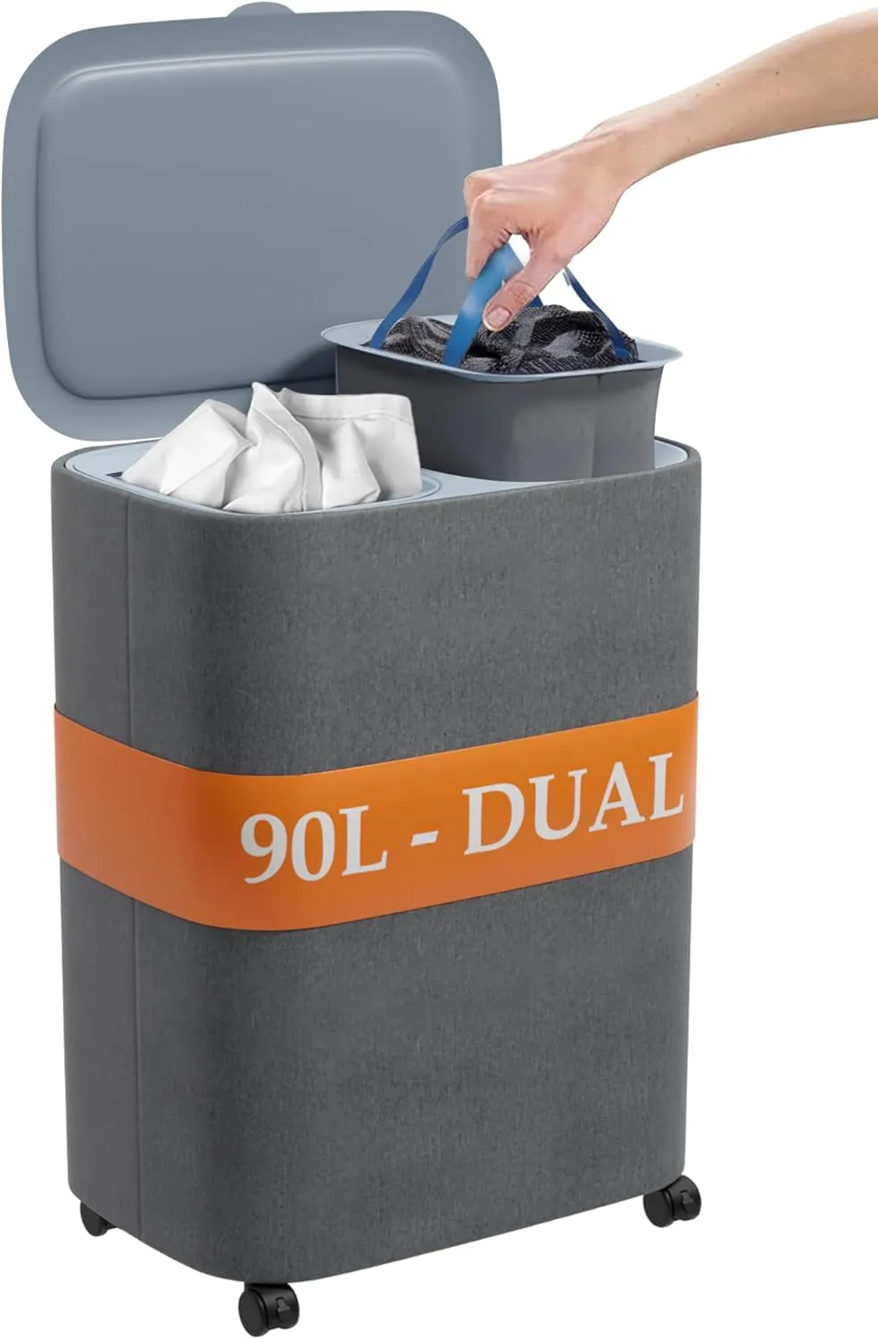 XABITAT Dual Section 90L Laundry Basket with Wheels and Lid – Tall divided Double Laundry Hamper with 2 Removable Washable Bags, Large Laundry Sorter for Easy Clothes Separation