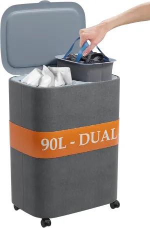 XABITAT Dual Section 90L Laundry Basket with Wheels and Lid – Tall divided Double Laundry Hamper with 2 Removable Washable Bags, Large Laundry Sorter for Easy Clothes Separation