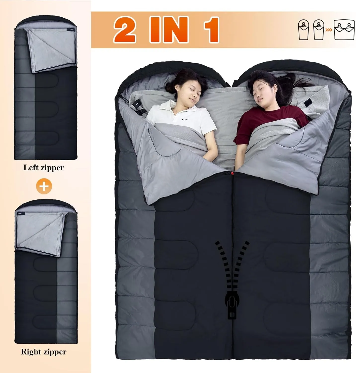 XL 10 Degree Sleeping Bags Waterproof for Adults 350GSM Machine Washable with Compression Sack for 3-4 Season Camping Outdoor
