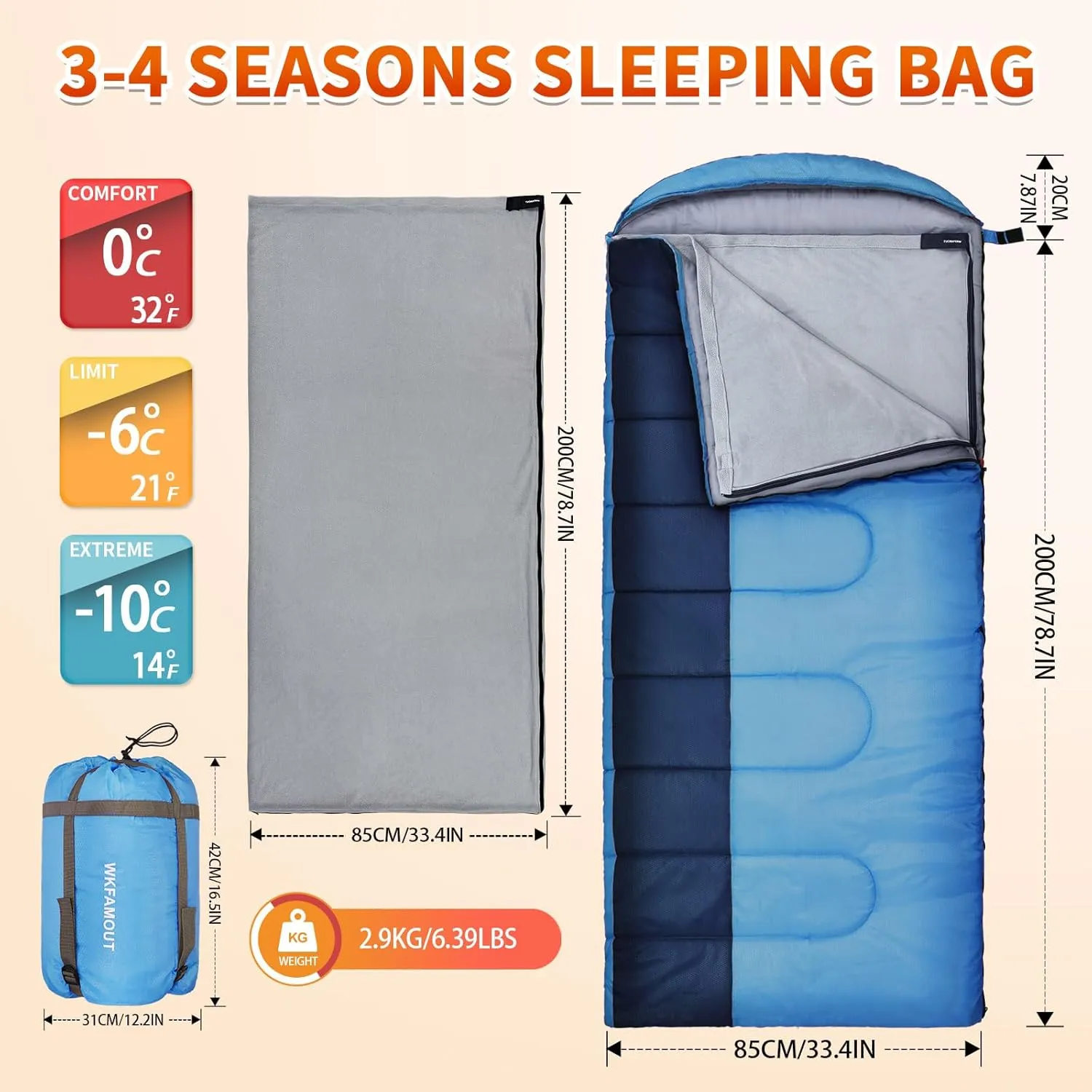 XL 10 Degree Sleeping Bags Waterproof for Adults 350GSM Machine Washable with Compression Sack for 3-4 Season Camping Outdoor