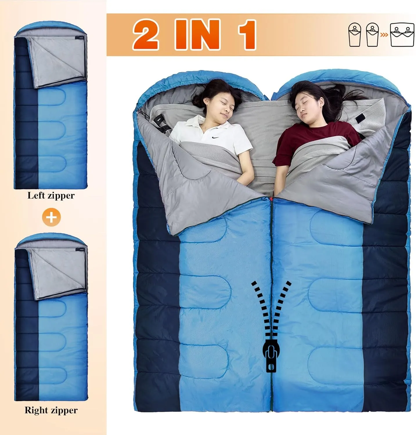 XL 10 Degree Sleeping Bags Waterproof for Adults 350GSM Machine Washable with Compression Sack for 3-4 Season Camping Outdoor