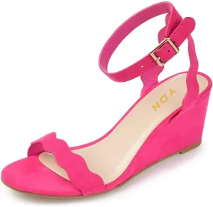 YDN Women Open Toe Ankle Strap Sandals Ruffle Band Wedge Mid Heels Date Evening Party Shoes Size 4-15 US