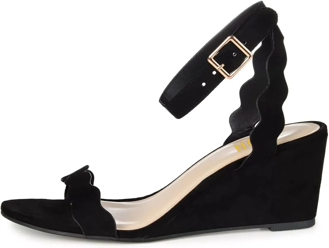 YDN Women Open Toe Ankle Strap Sandals Ruffle Band Wedge Mid Heels Date Evening Party Shoes Size 4-15 US