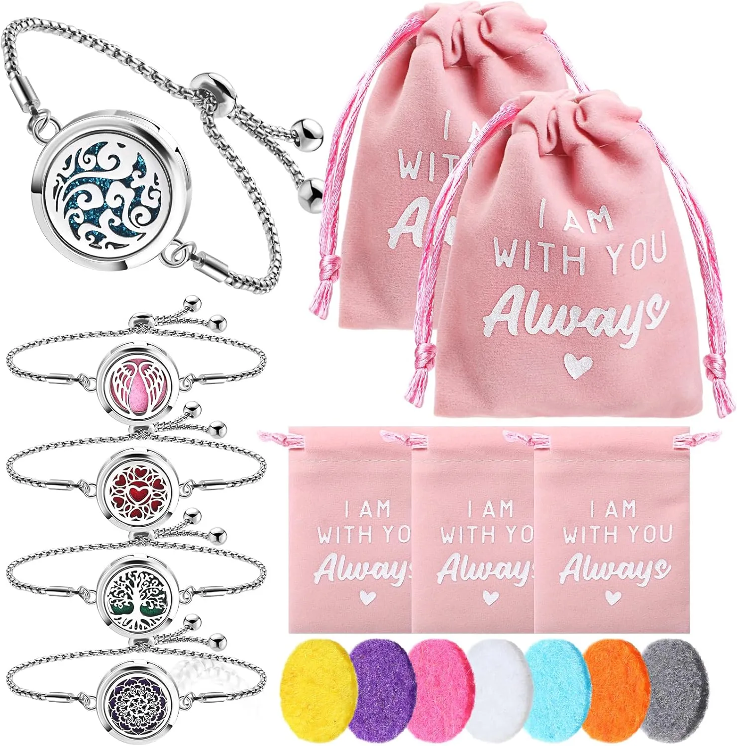 Yinkin 5 Set Essential Oil Diffuser Bracelet Gift for Mother Day Anxiety Relief Gifts 50 Pcs Refill Pads Stainless Steel Aromatherapy Locket for Mother Gift