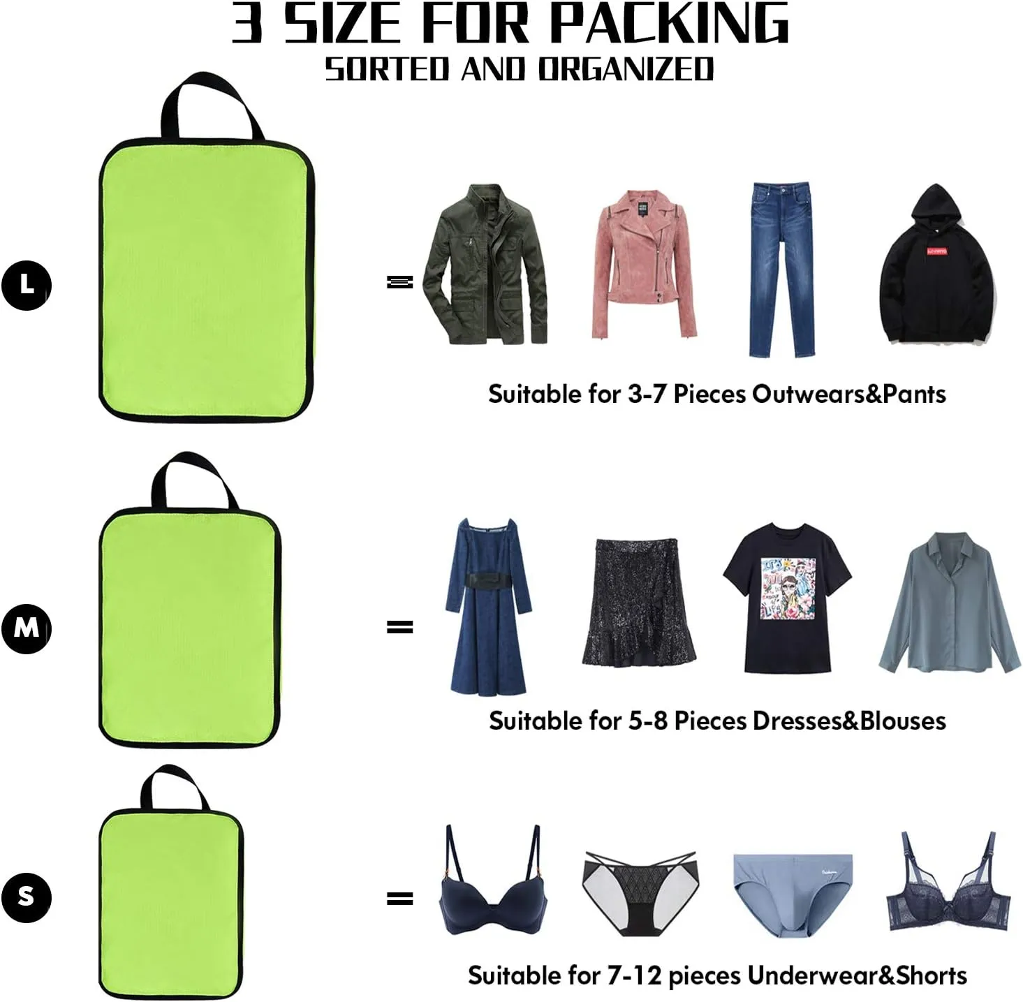 YZAOLL 3 Set/6 Set/7 Set Compression Packing Cubes Travel Accessories Expandable Packing Organizers,Travel Essentials for Carry on 3 Set Green