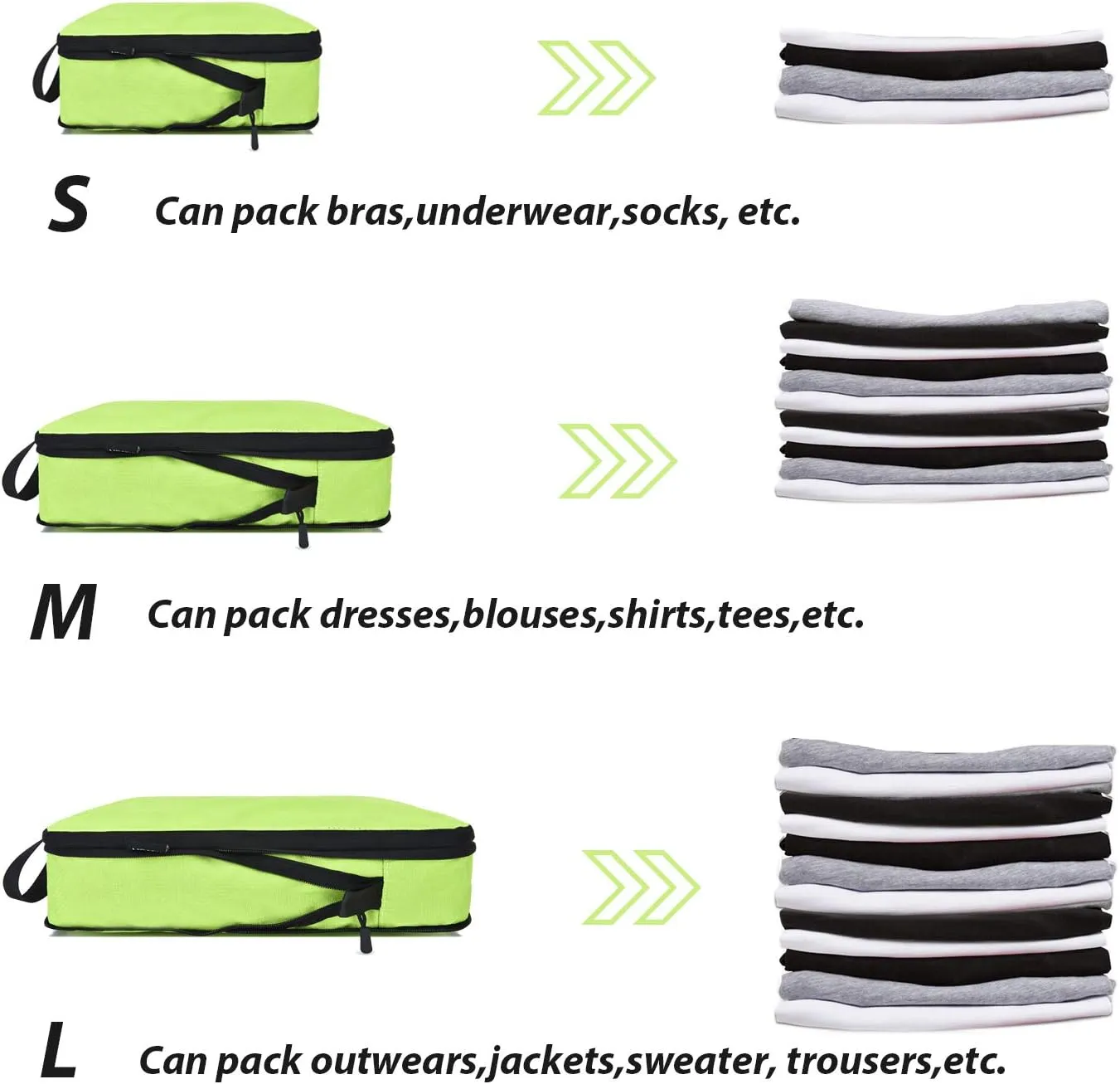 YZAOLL 3 Set/6 Set/7 Set Compression Packing Cubes Travel Accessories Expandable Packing Organizers,Travel Essentials for Carry on 3 Set Green