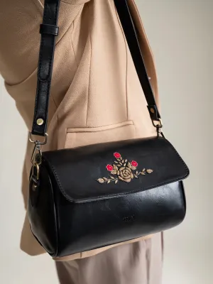 Zari Roses Retro Style Flap Sling - Black
