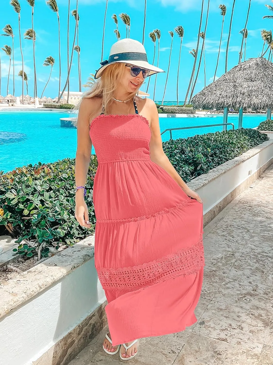 ZESICA Women's 2025 Summer Bohemian Strapless Off Shoulder Lace Trim Backless Flowy A Line Beach Long Maxi Dress
