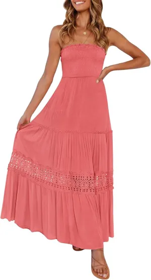 ZESICA Women's 2025 Summer Bohemian Strapless Off Shoulder Lace Trim Backless Flowy A Line Beach Long Maxi Dress