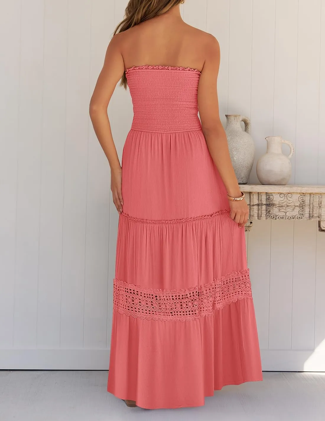 ZESICA Women's 2025 Summer Bohemian Strapless Off Shoulder Lace Trim Backless Flowy A Line Beach Long Maxi Dress
