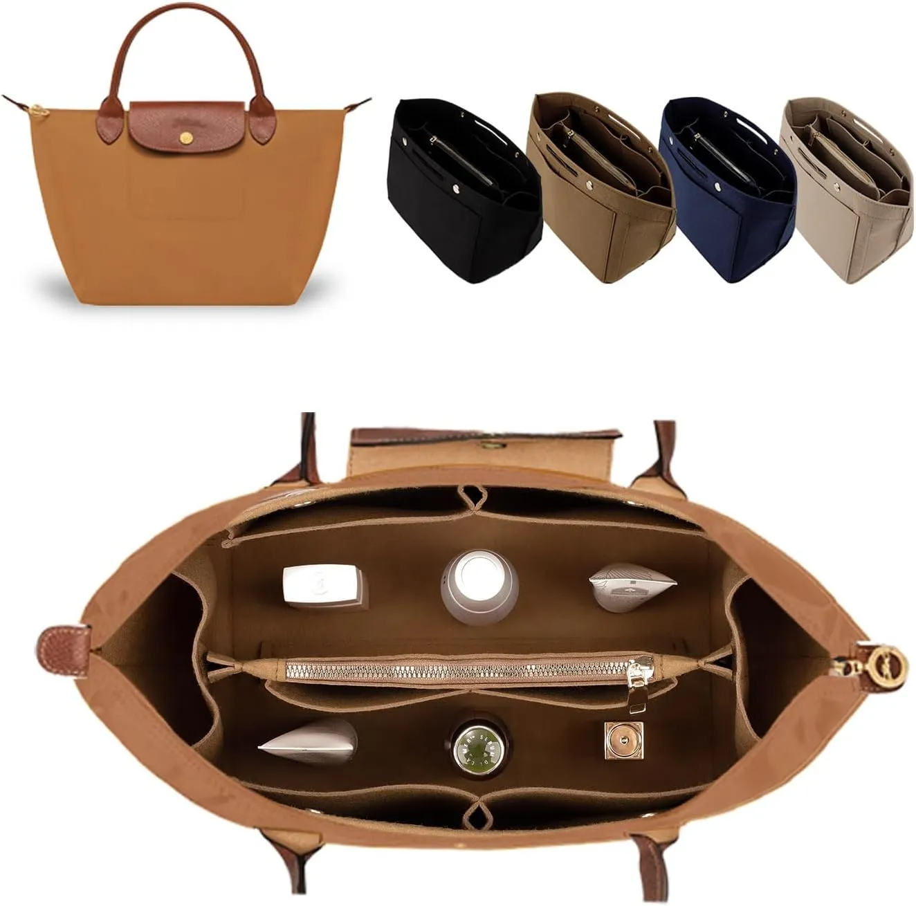 ZTUJO Purse Organizer Insert for le pliage, Compatible with Longchamp Le Pliage Top Handle S/M,Shoulder Bag S/L (Lighting Coffee, Medium For Shoulder Bag S)