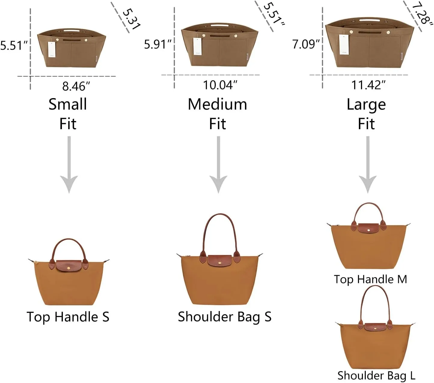 ZTUJO Purse Organizer Insert for le pliage, Compatible with Longchamp Le Pliage Top Handle S/M,Shoulder Bag S/L (Lighting Coffee, Medium For Shoulder Bag S)