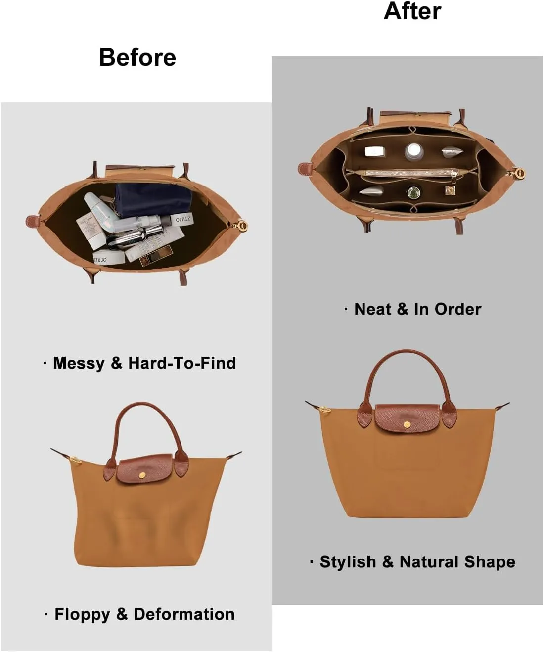 ZTUJO Purse Organizer Insert for le pliage, Compatible with Longchamp Le Pliage Top Handle S/M,Shoulder Bag S/L (Lighting Coffee, Medium For Shoulder Bag S)