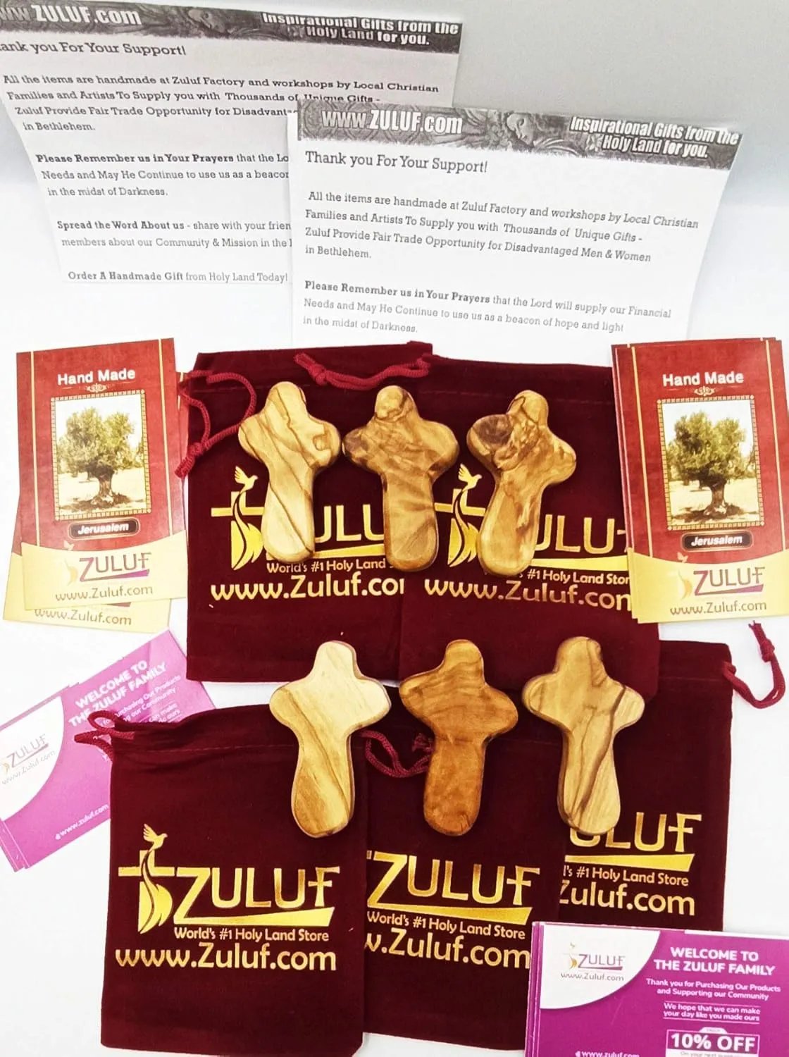 Zuluf Holy Land Crosses From Bethlehem Olive Wood Factory | Best Holding Hand Crosses | 6 Small Olive Wood Crosses With 6 Velveteen Bags & 6 Israel Holy Land Certificates | 6cm / 2.5 Inches CRS119