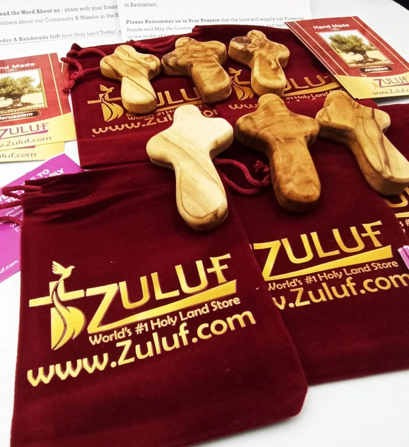 Zuluf Holy Land Crosses From Bethlehem Olive Wood Factory | Best Holding Hand Crosses | 6 Small Olive Wood Crosses With 6 Velveteen Bags & 6 Israel Holy Land Certificates | 6cm / 2.5 Inches CRS119