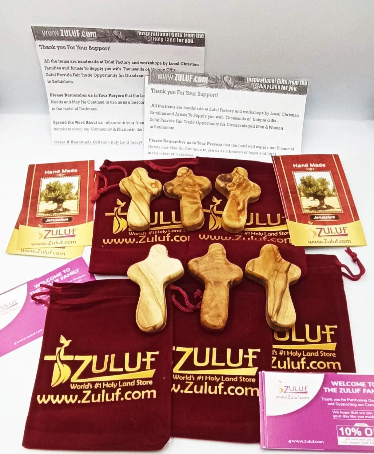 Zuluf Holy Land Crosses From Bethlehem Olive Wood Factory | Best Holding Hand Crosses | 6 Small Olive Wood Crosses With 6 Velveteen Bags & 6 Israel Holy Land Certificates | 6cm / 2.5 Inches CRS119