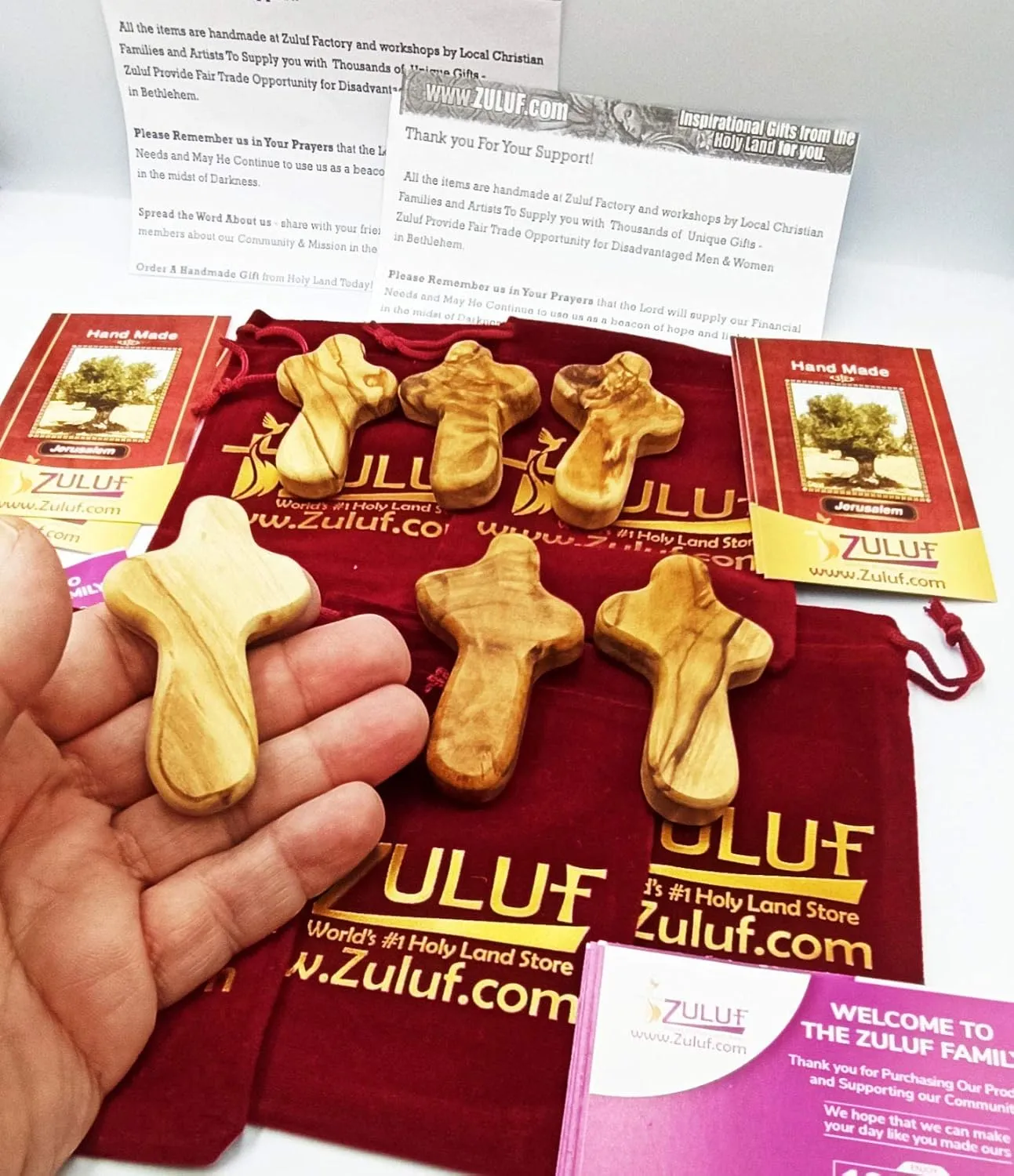 Zuluf Holy Land Crosses From Bethlehem Olive Wood Factory | Best Holding Hand Crosses | 6 Small Olive Wood Crosses With 6 Velveteen Bags & 6 Israel Holy Land Certificates | 6cm / 2.5 Inches CRS119