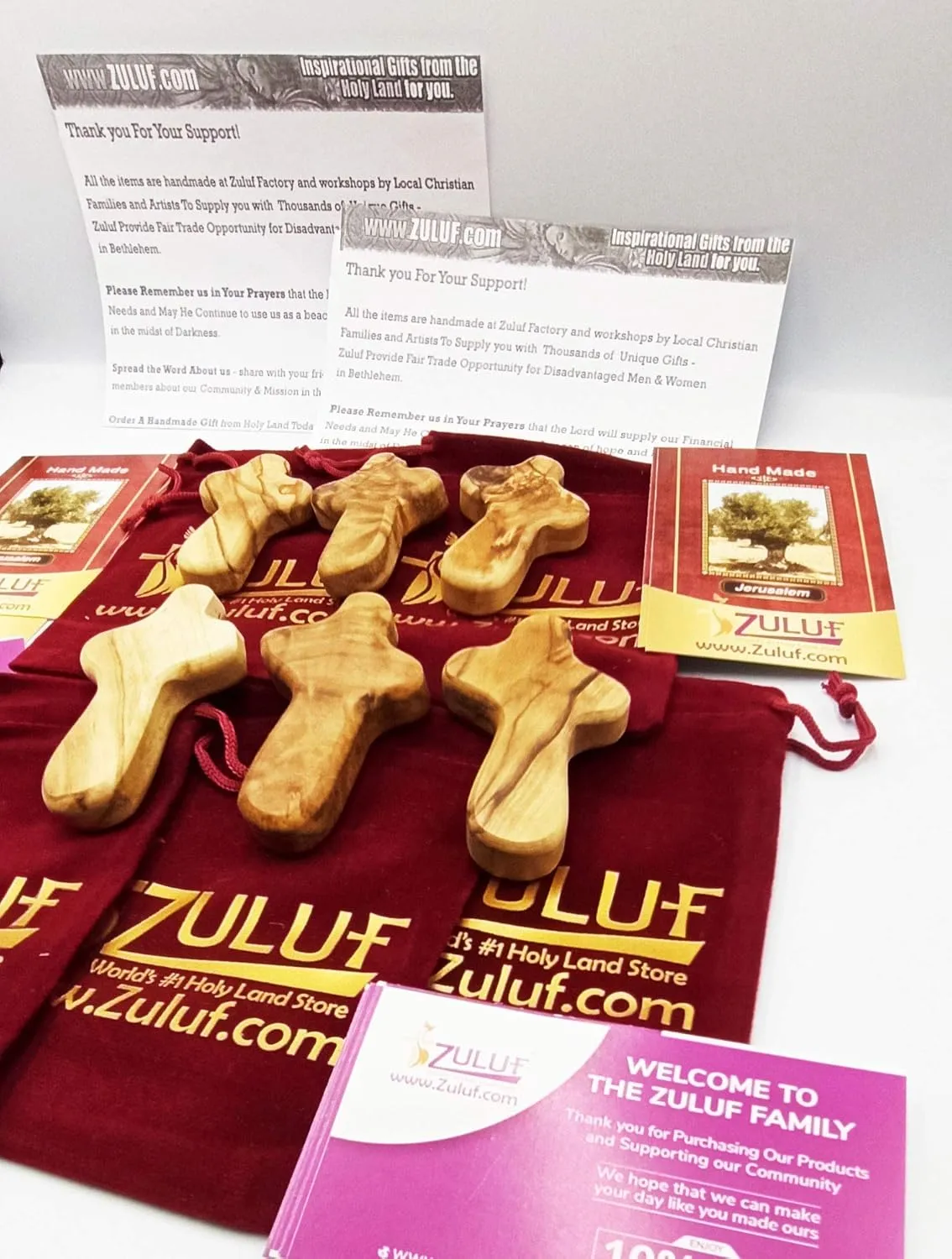 Zuluf Holy Land Crosses From Bethlehem Olive Wood Factory | Best Holding Hand Crosses | 6 Small Olive Wood Crosses With 6 Velveteen Bags & 6 Israel Holy Land Certificates | 6cm / 2.5 Inches CRS119